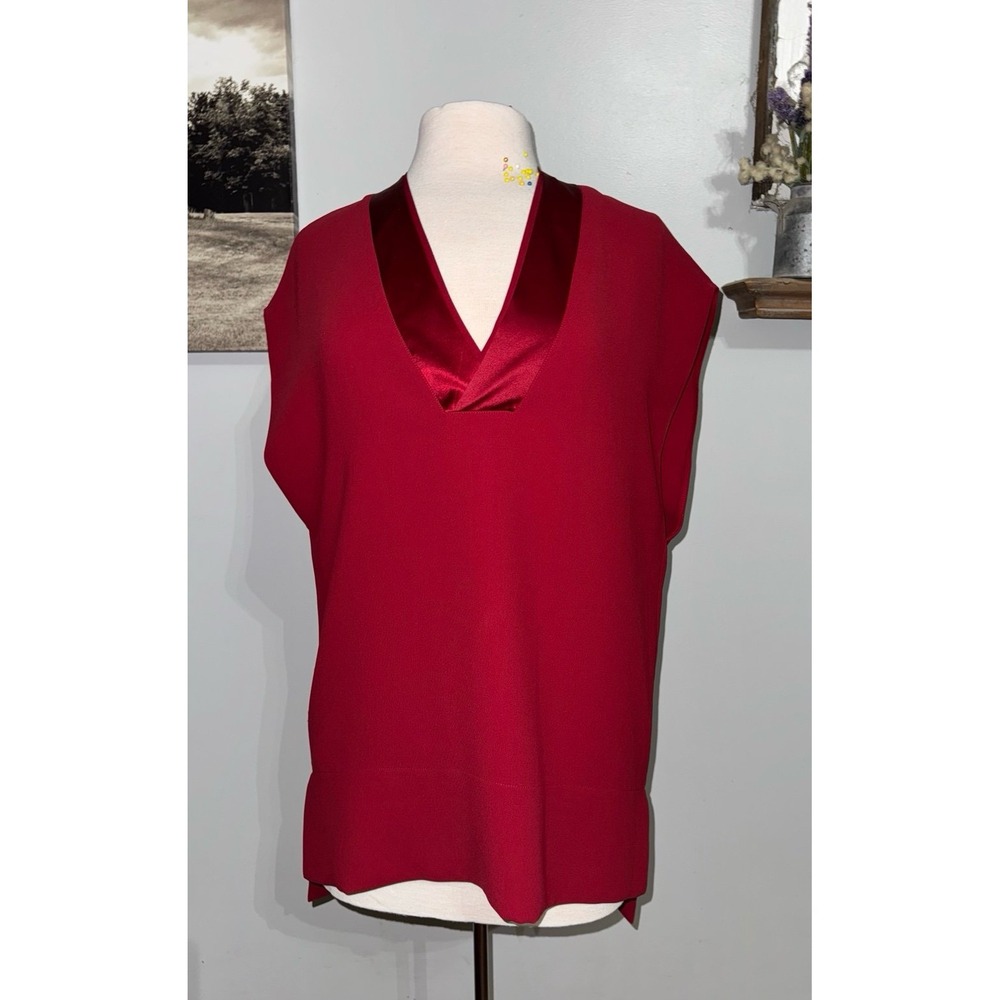 VINCE crimson red tunic style satin trimmed cap sleeve‎ boxy high low top small